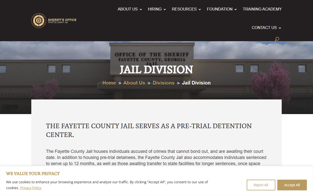 Fayette County Jail Division page with inmate population and facility capacity details