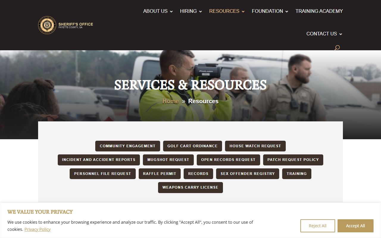 Fayette Sheriff resources page with mugshot request and open records links