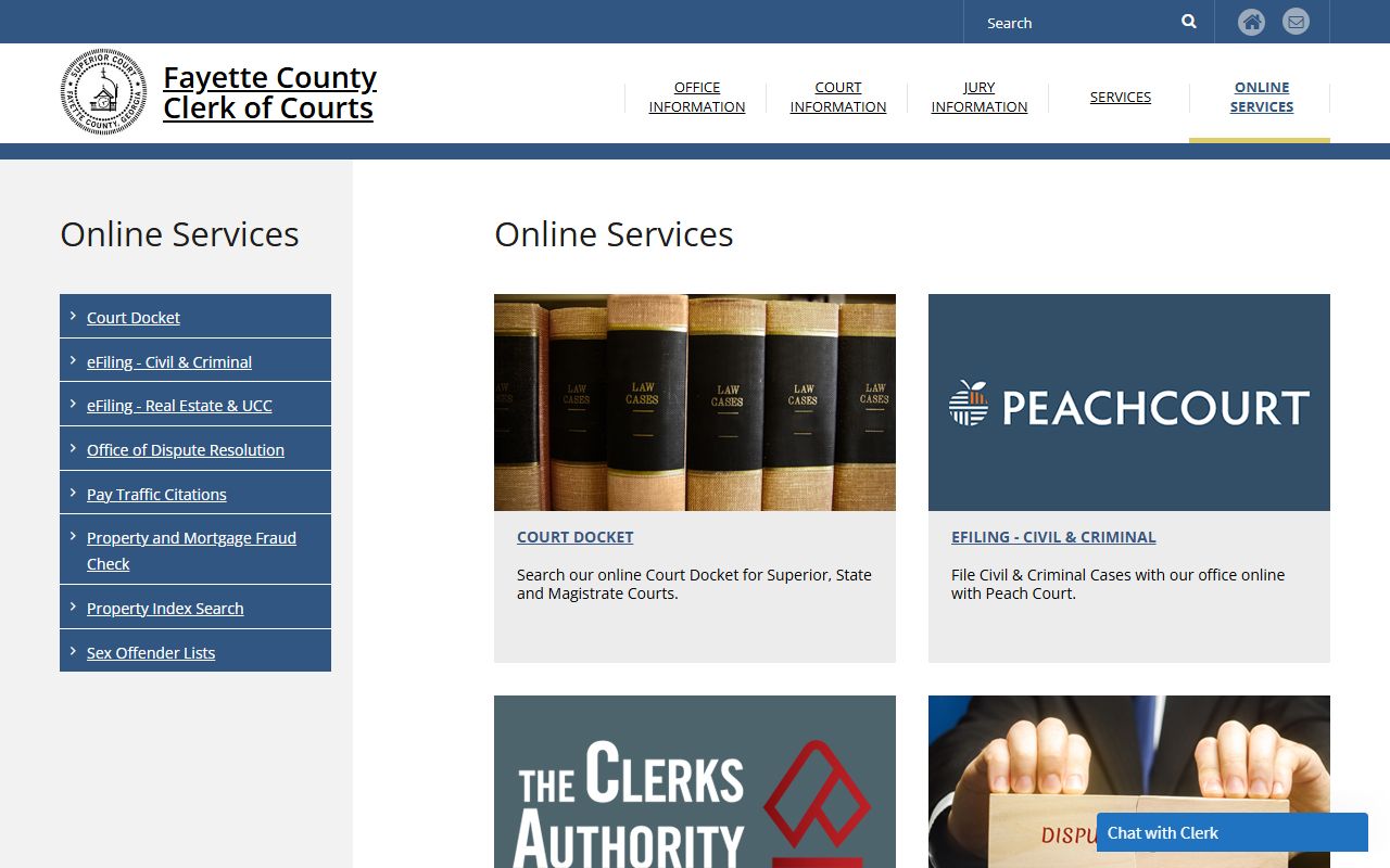 Fayette Clerk online services page with Court Docket link