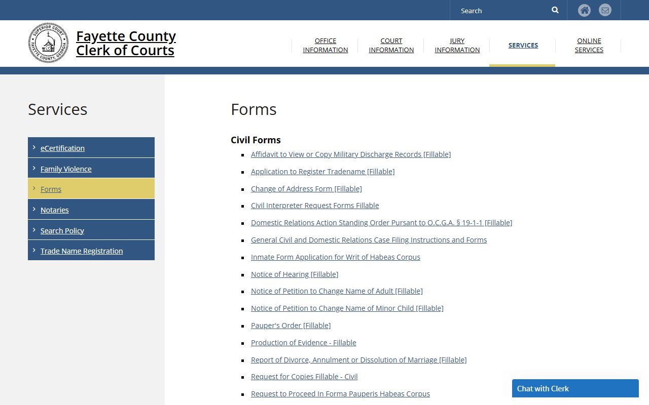 Fayette Clerk criminal forms page with copy request and warrant application links