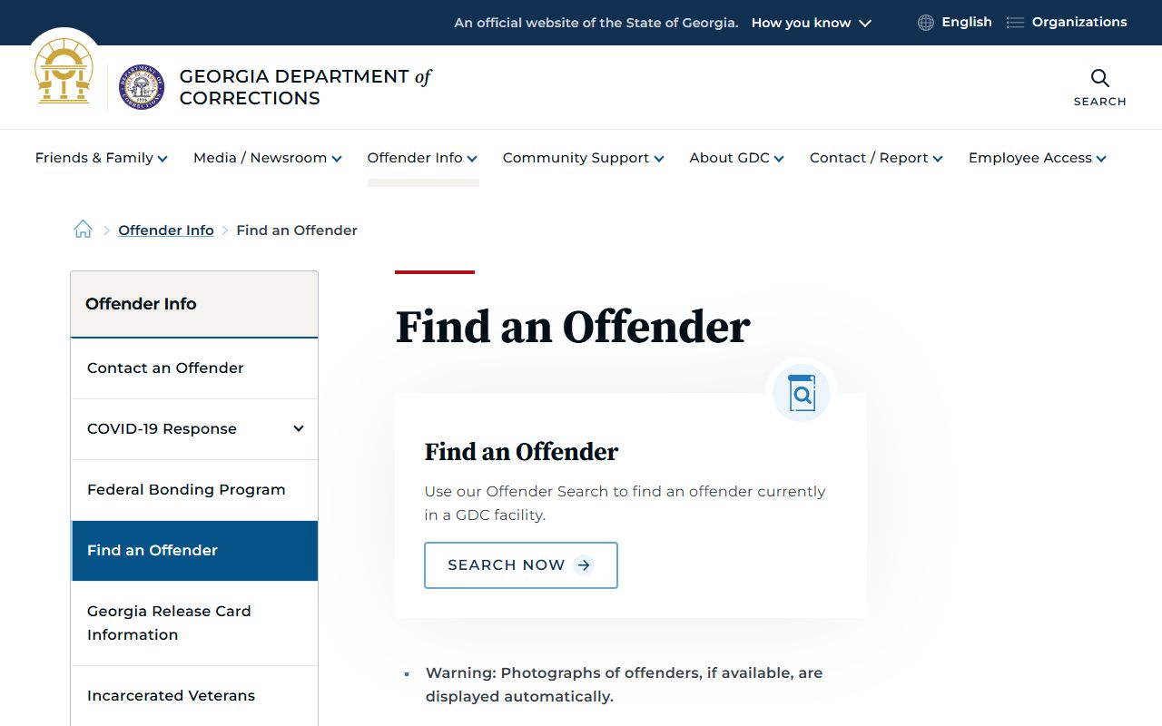 Georgia Department of Corrections Find an Offender page for state custody searches